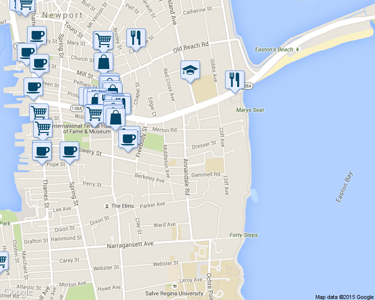 map of restaurants, bars, coffee shops, grocery stores, and more near 41 Annandale Road in Newport