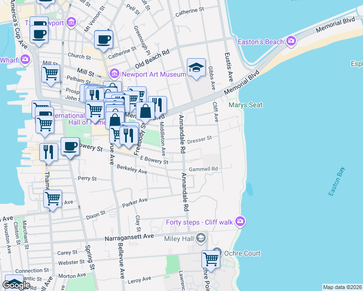 map of restaurants, bars, coffee shops, grocery stores, and more near 41 Annandale Road in Newport