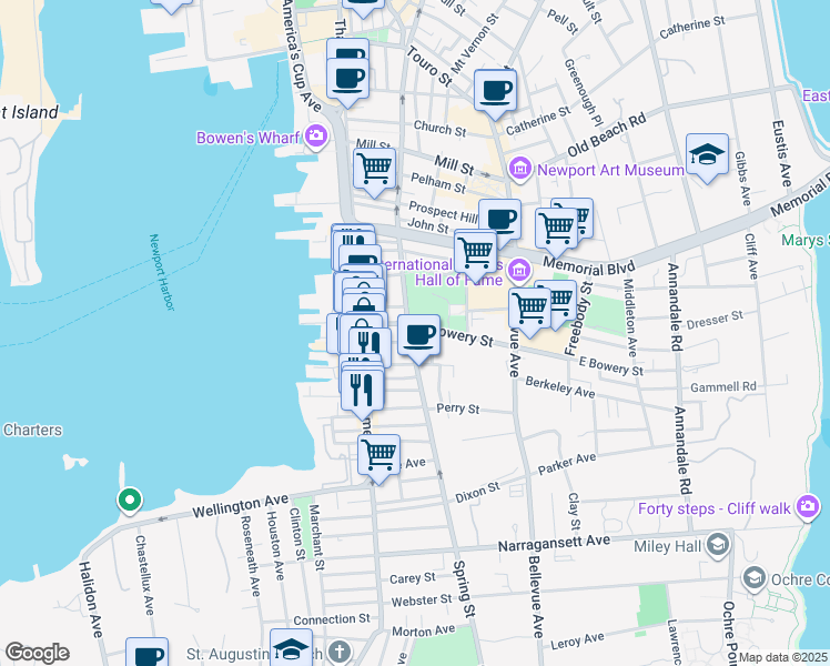 map of restaurants, bars, coffee shops, grocery stores, and more near 37 Howard Street in Newport
