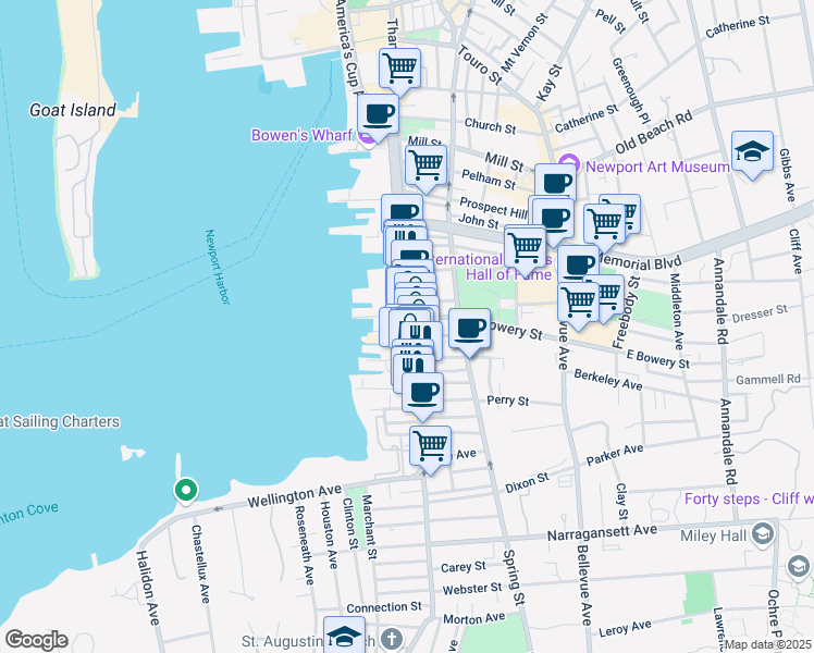 map of restaurants, bars, coffee shops, grocery stores, and more near 448 Thames Street in Newport