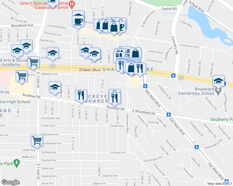 map of restaurants, bars, coffee shops, grocery stores, and more near 2829 East 128th Street in Cleveland