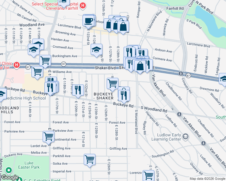 map of restaurants, bars, coffee shops, grocery stores, and more near 2833 East 127th Street in Cleveland