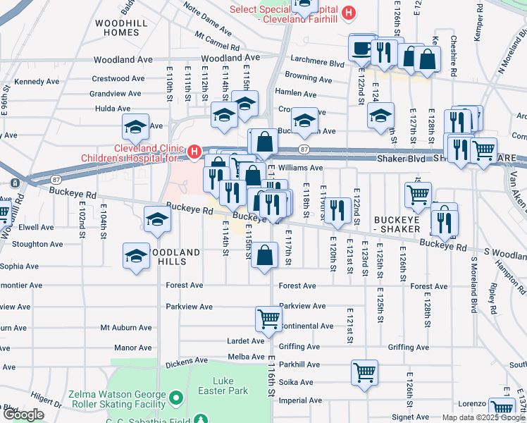 map of restaurants, bars, coffee shops, grocery stores, and more near 11608 Buckeye Road in Cleveland