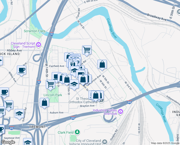 map of restaurants, bars, coffee shops, grocery stores, and more near 2346 West 7th Street in Cleveland