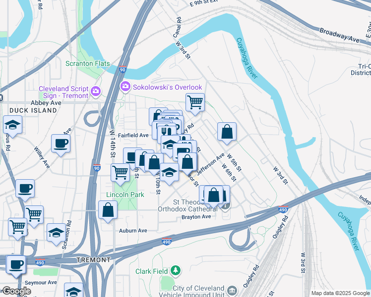 map of restaurants, bars, coffee shops, grocery stores, and more near 812 College Avenue in Cleveland
