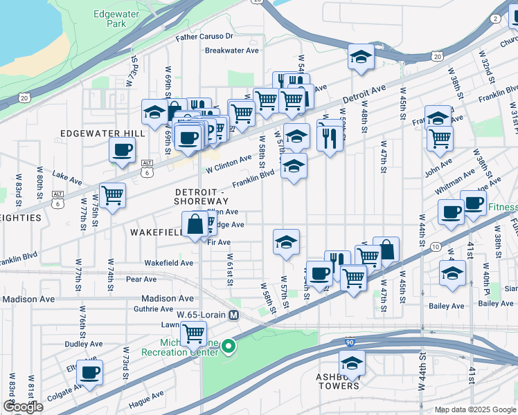 map of restaurants, bars, coffee shops, grocery stores, and more near in Cleveland