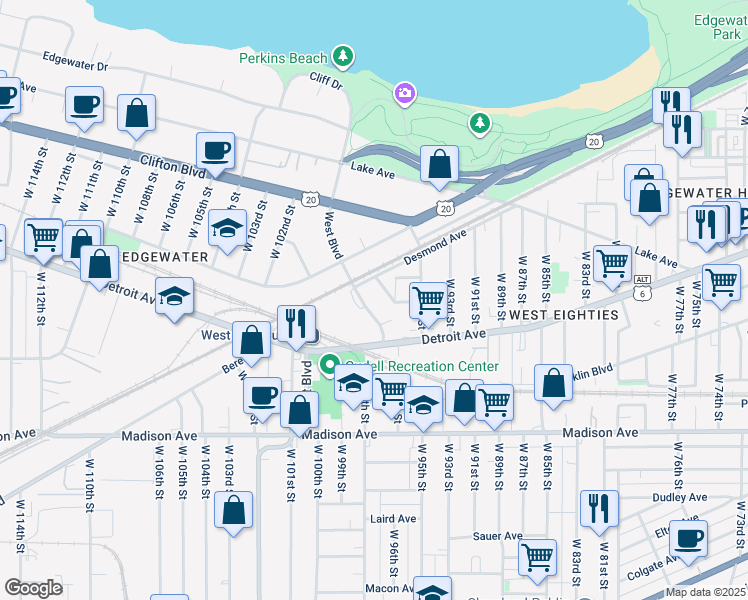 map of restaurants, bars, coffee shops, grocery stores, and more near 1369 West Boulevard in Cleveland