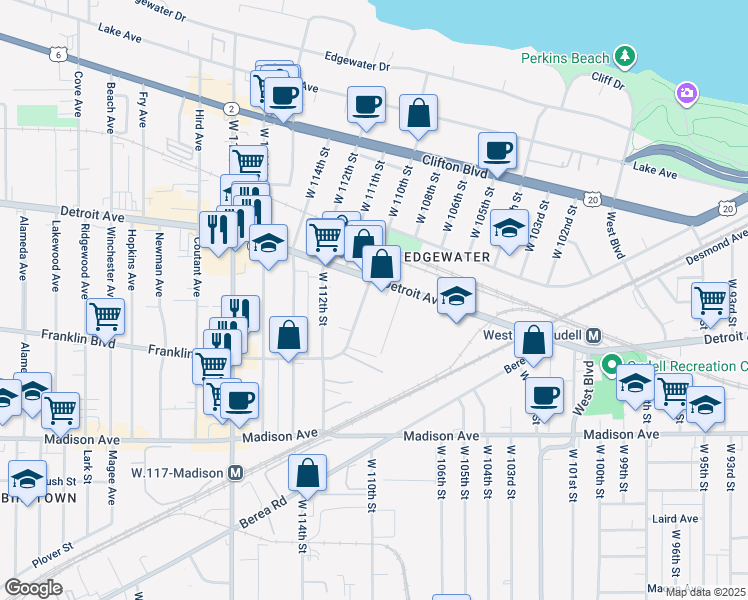 map of restaurants, bars, coffee shops, grocery stores, and more near 1426 West 107th Street in Cleveland