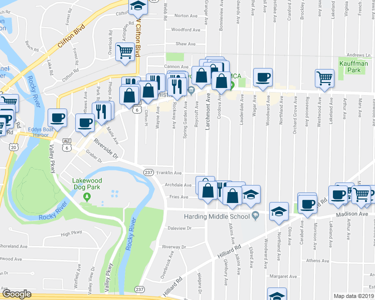 map of restaurants, bars, coffee shops, grocery stores, and more near 1540 Spring Garden Avenue in Lakewood