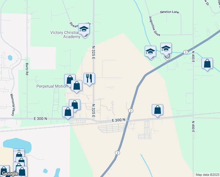 map of restaurants, bars, coffee shops, grocery stores, and more near 317-327 North 325 East in Valparaiso