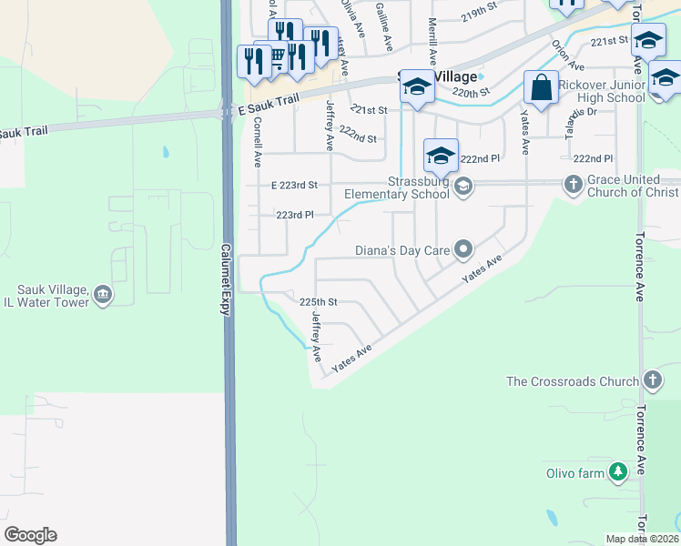 map of restaurants, bars, coffee shops, grocery stores, and more near 1816 Reichert Avenue in Sauk Village