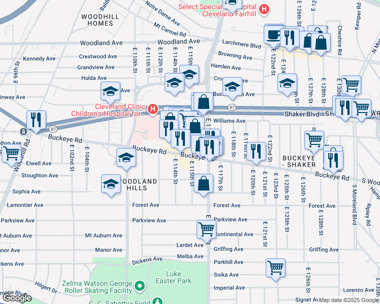 map of restaurants, bars, coffee shops, grocery stores, and more near 11420 Buckeye Road in Cleveland