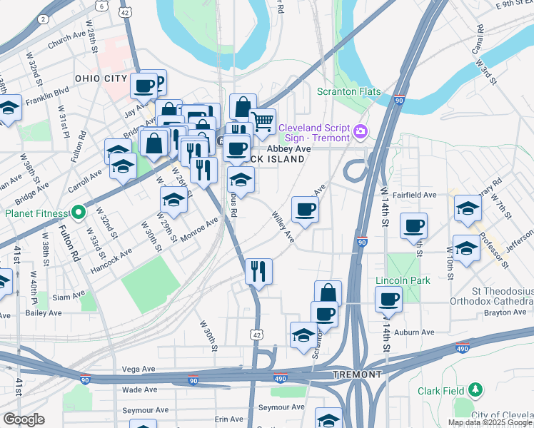 map of restaurants, bars, coffee shops, grocery stores, and more near 2368 Brevier Avenue in Cleveland