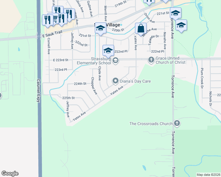 map of restaurants, bars, coffee shops, grocery stores, and more near 22450 Yates Avenue in Sauk Village