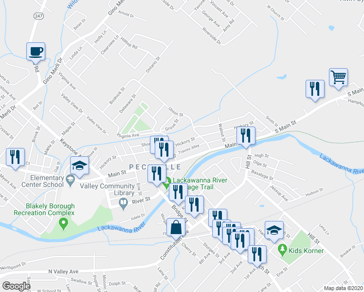 map of restaurants, bars, coffee shops, grocery stores, and more near 441 Hickory Street in Blakely