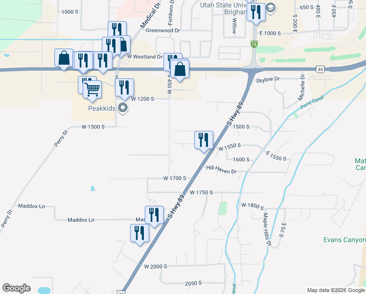 map of restaurants, bars, coffee shops, grocery stores, and more near 1868 South 300 West in Perry