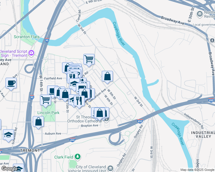 map of restaurants, bars, coffee shops, grocery stores, and more near 2447 West 5th Street in Cleveland