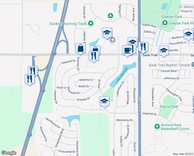 map of restaurants, bars, coffee shops, grocery stores, and more near 5058 Roberta Lane in Richton Park