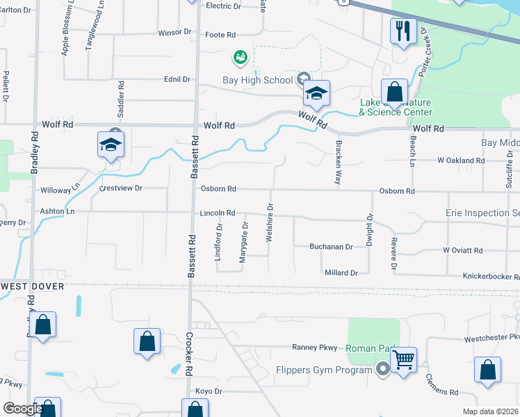 map of restaurants, bars, coffee shops, grocery stores, and more near 29525 Lincoln Road in Bay Village
