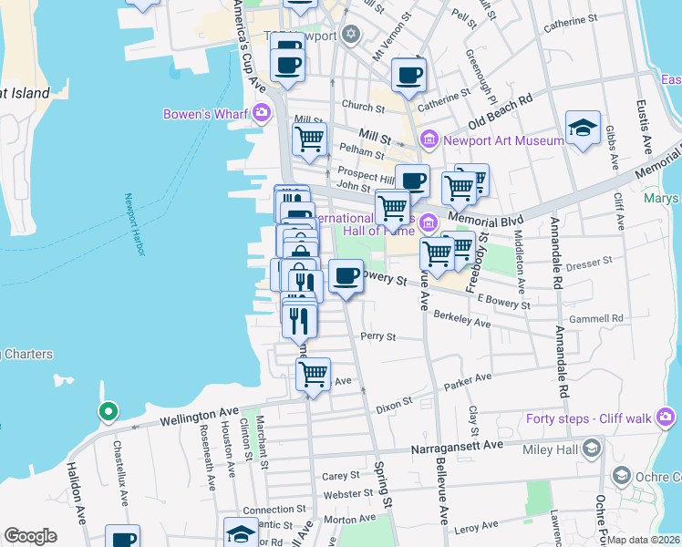 map of restaurants, bars, coffee shops, grocery stores, and more near 342 Spring Street in Newport