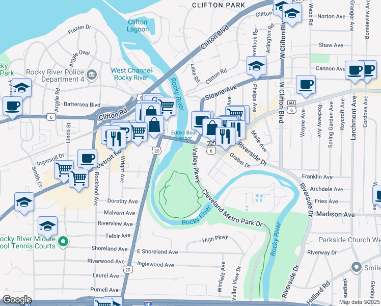 map of restaurants, bars, coffee shops, grocery stores, and more near 18915 Detroit Avenue in Lakewood