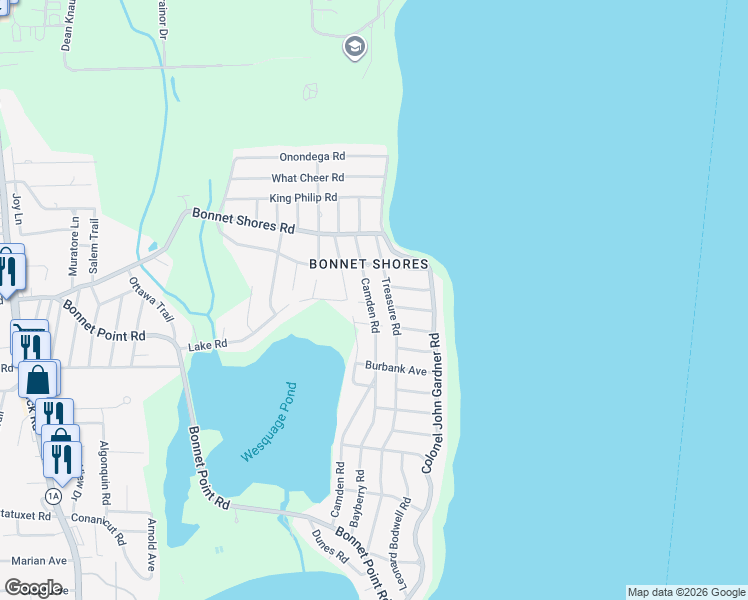 map of restaurants, bars, coffee shops, grocery stores, and more near 40 Camden Road in Narragansett