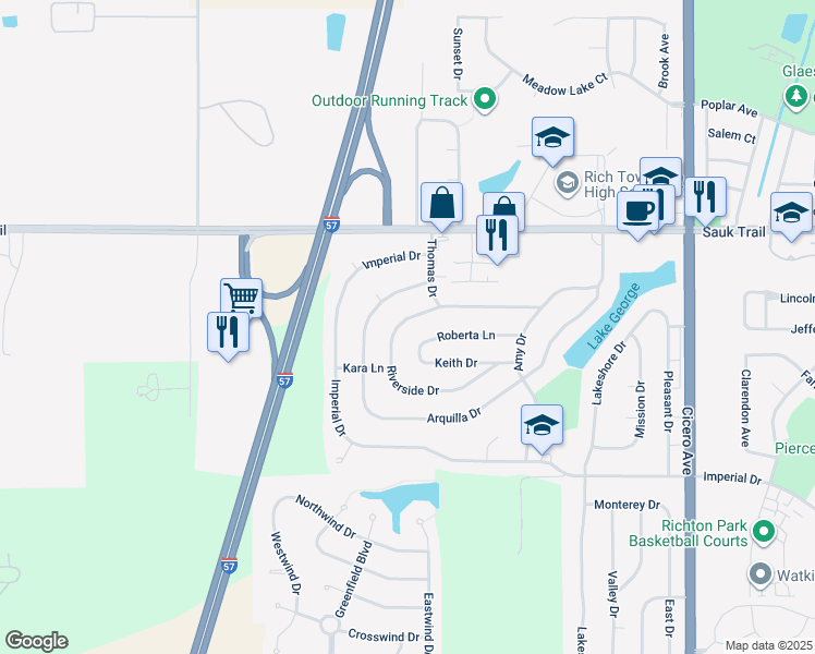 map of restaurants, bars, coffee shops, grocery stores, and more near 22427 Riverside Drive in Richton Park