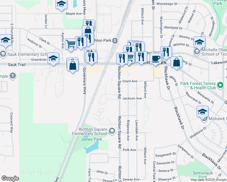 map of restaurants, bars, coffee shops, grocery stores, and more near 22426 York Court in Richton Park