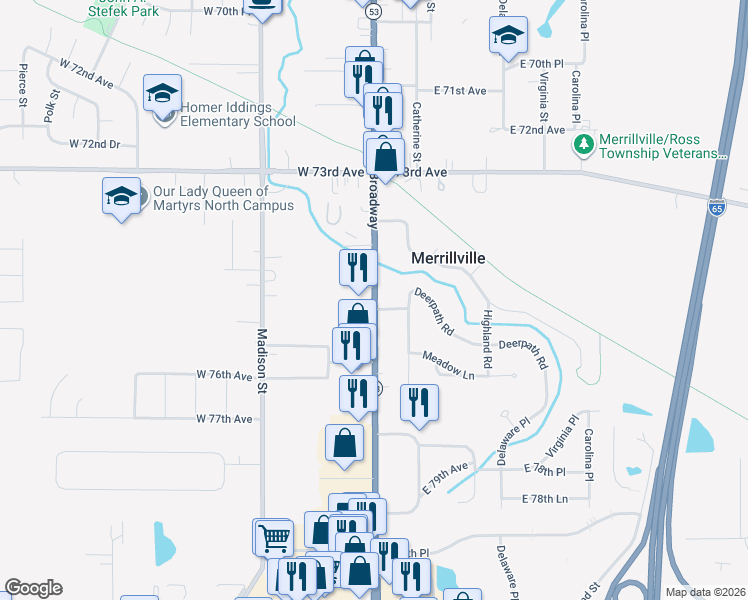 map of restaurants, bars, coffee shops, grocery stores, and more near 7509 Broadway in Merrillville