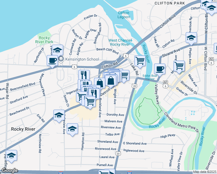 map of restaurants, bars, coffee shops, grocery stores, and more near 19365 Detroit Road in Rocky River