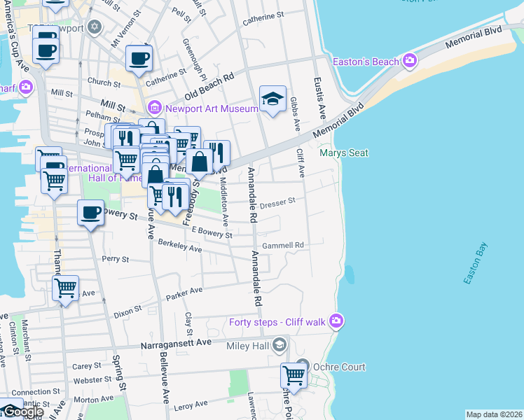 map of restaurants, bars, coffee shops, grocery stores, and more near 5 Dresser Street in Newport