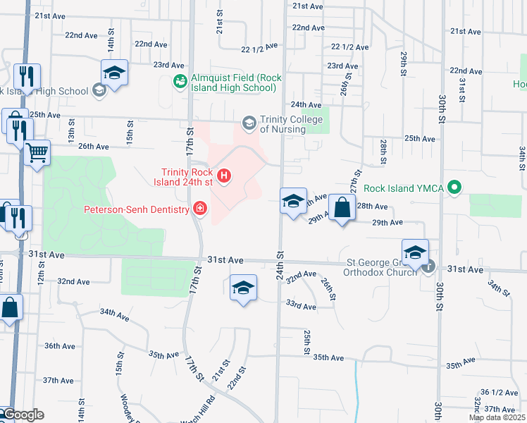 map of restaurants, bars, coffee shops, grocery stores, and more near 2850 24th Street in Rock Island