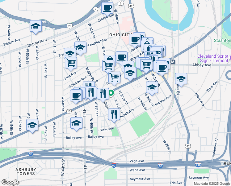 map of restaurants, bars, coffee shops, grocery stores, and more near 3333 Lorain Avenue in Cleveland