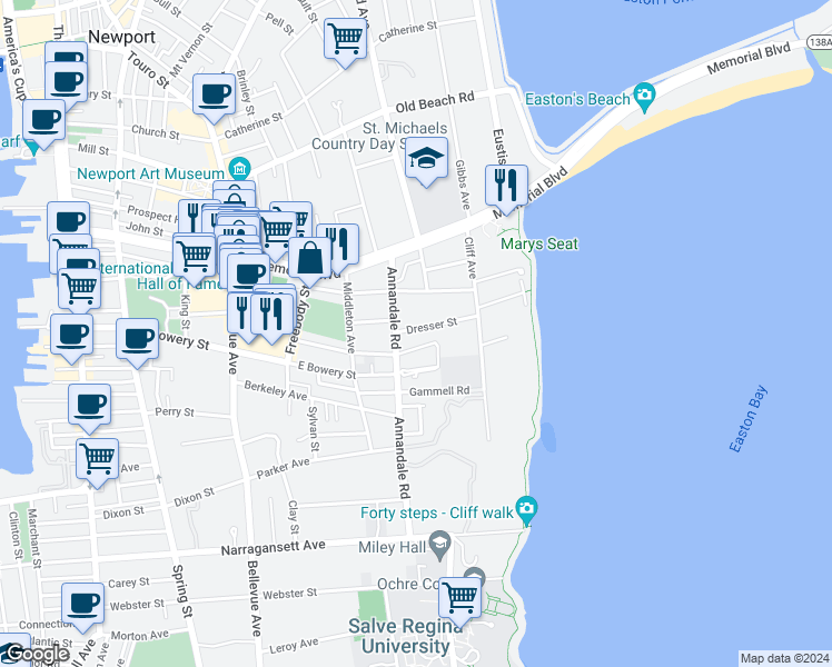 map of restaurants, bars, coffee shops, grocery stores, and more near 7 Faxon Green in Newport