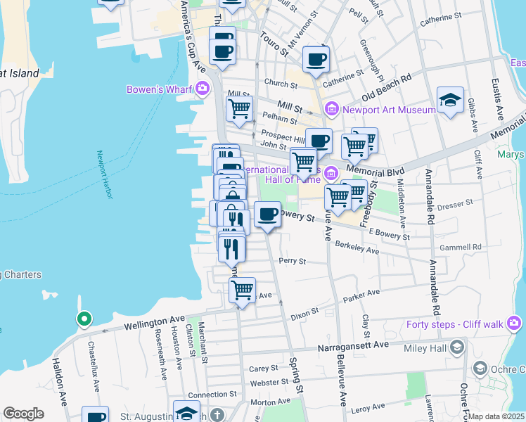 map of restaurants, bars, coffee shops, grocery stores, and more near 37 Howard Street in Newport