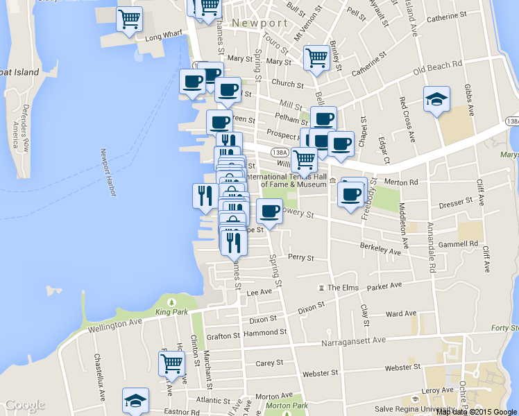 map of restaurants, bars, coffee shops, grocery stores, and more near 37 Howard Street in Newport