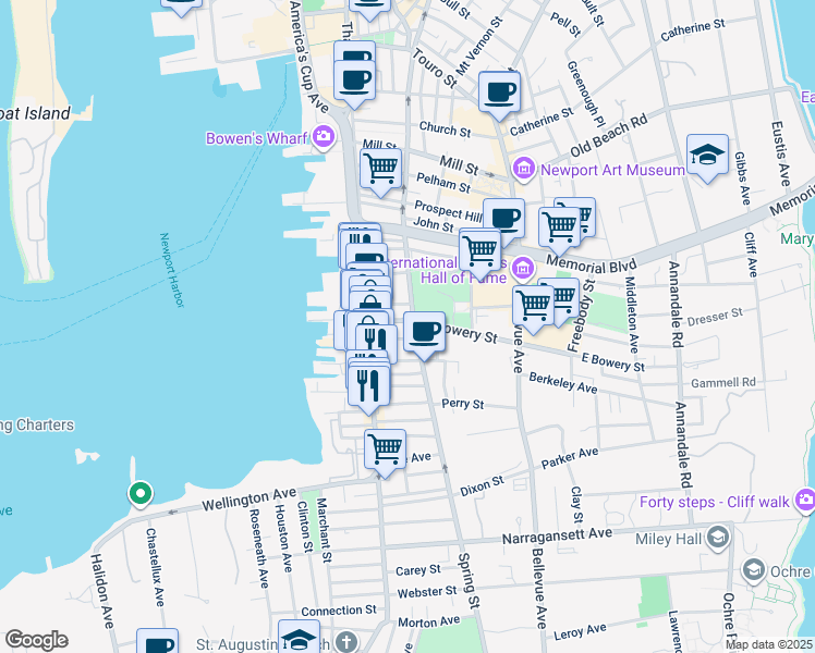 map of restaurants, bars, coffee shops, grocery stores, and more near 37 Howard Street in Newport