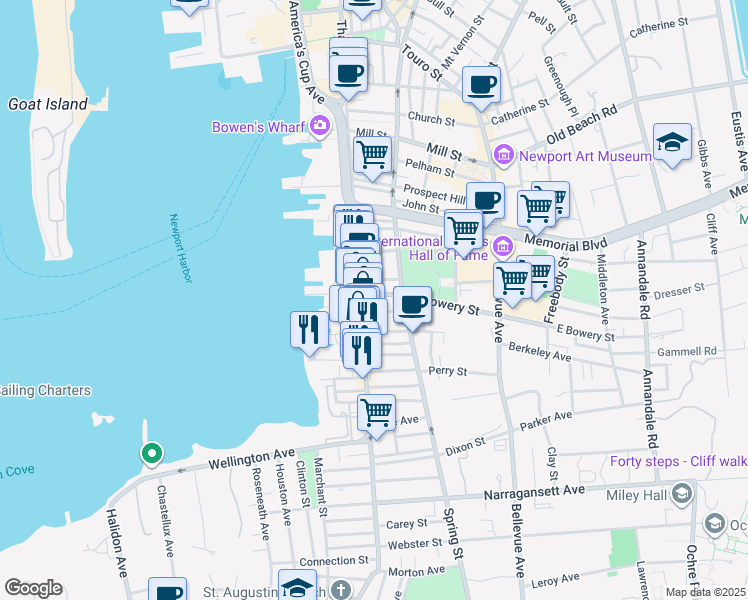 map of restaurants, bars, coffee shops, grocery stores, and more near 448 Thames Street in Newport