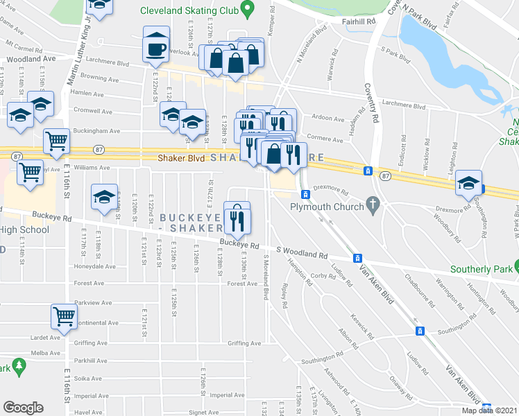 map of restaurants, bars, coffee shops, grocery stores, and more near 2852 South Moreland Boulevard in Cleveland