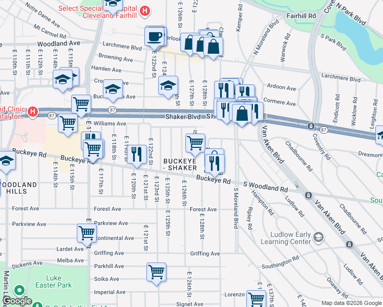 map of restaurants, bars, coffee shops, grocery stores, and more near 2833 East 127th Street in Cleveland