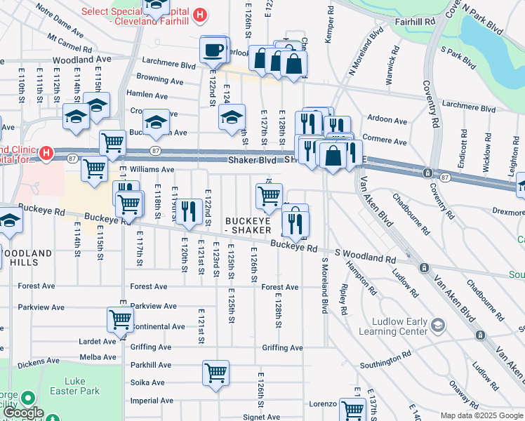 map of restaurants, bars, coffee shops, grocery stores, and more near 2833 East 127th Street in Cleveland