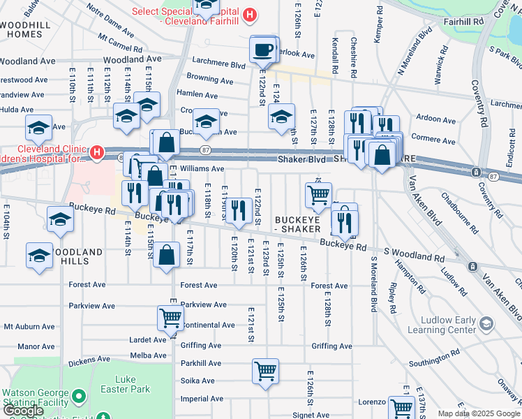 map of restaurants, bars, coffee shops, grocery stores, and more near 2834 East 124th Street in Cleveland