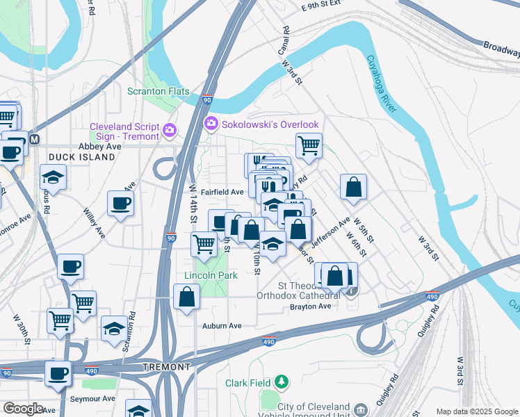map of restaurants, bars, coffee shops, grocery stores, and more near 2273 West 10th Street in Cleveland