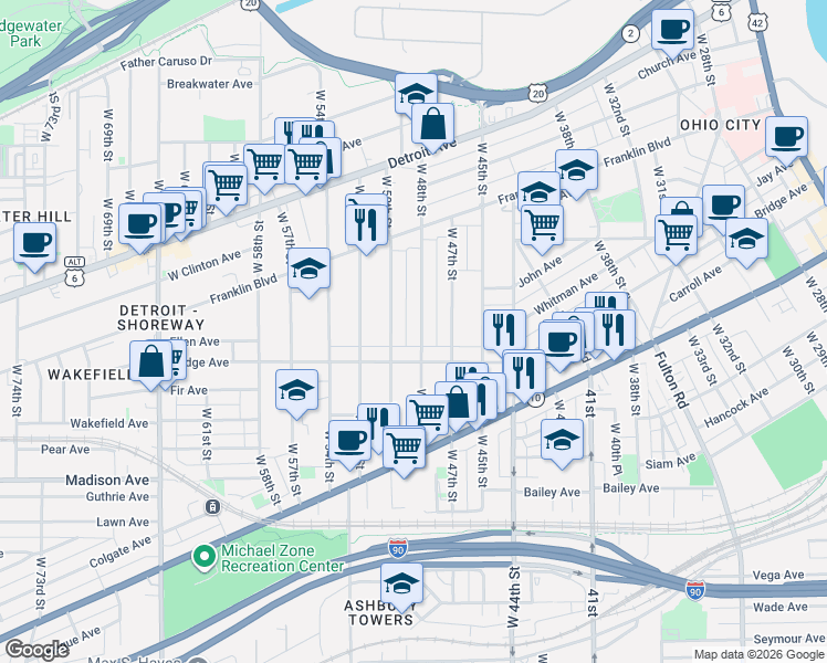 map of restaurants, bars, coffee shops, grocery stores, and more near 189 Bridge Court in Cleveland