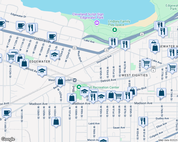 map of restaurants, bars, coffee shops, grocery stores, and more near 1369 West Boulevard in Cleveland