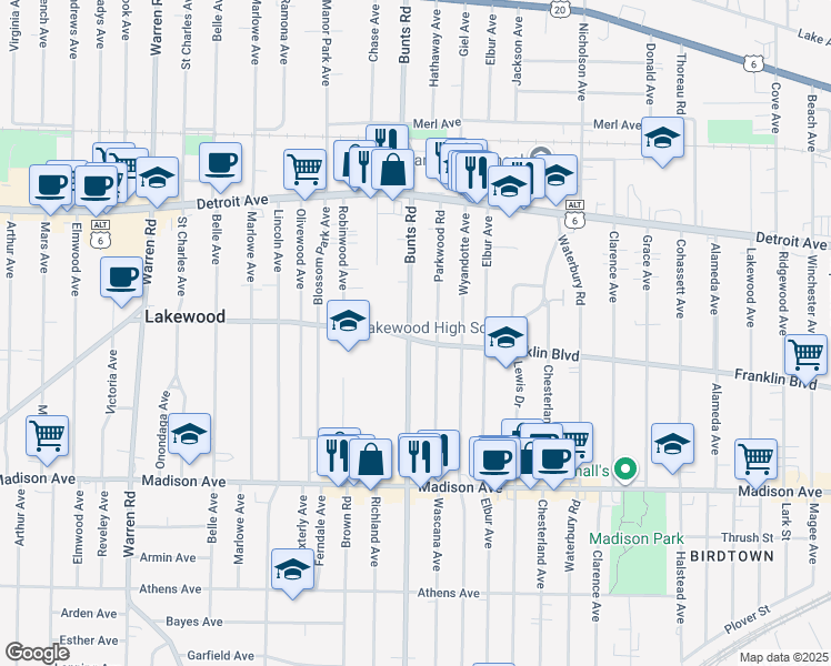 map of restaurants, bars, coffee shops, grocery stores, and more near 1561 Bunts Road in Lakewood