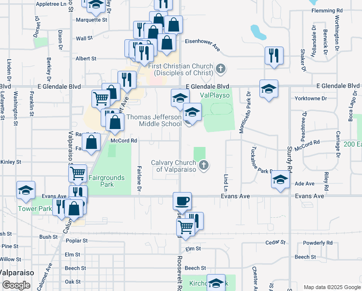 map of restaurants, bars, coffee shops, grocery stores, and more near 1309 Roosevelt Road in Valparaiso