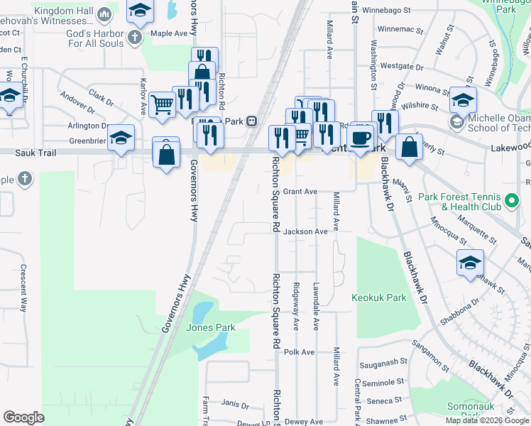 map of restaurants, bars, coffee shops, grocery stores, and more near 22439 Richton Square Road in Richton Park