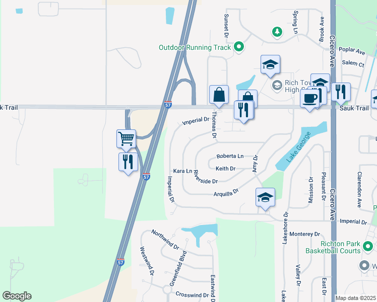 map of restaurants, bars, coffee shops, grocery stores, and more near 22456 Riverside Drive in Richton Park