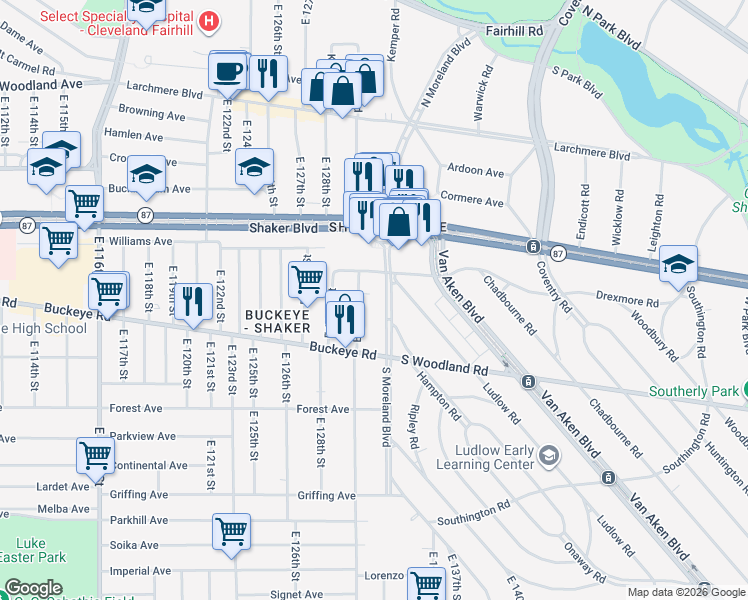 map of restaurants, bars, coffee shops, grocery stores, and more near 2852 South Moreland Boulevard in Cleveland